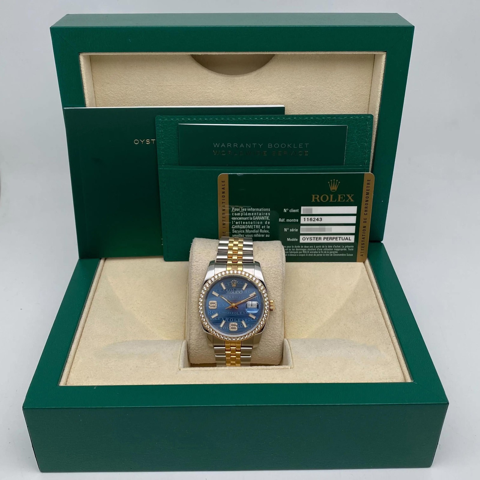 Rolex Datejust 36 116243 18k Gold Steel Diamond Blue Jubilee Wave Dial Watch