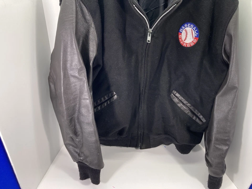 Бейсбольная куртка Express Varsity Letterman мужская размер XL черная кожа шерсть на молнии винтажная - Изображение 3 из 4