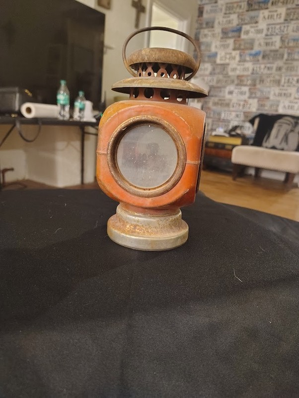 Vintage 4 sided Red Metal and Brass Glass Rail Road oil lamp Hong Kong