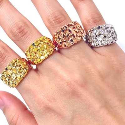 Solid Gold 14K/10K Large Square Nugget Ring Yellow White Rose Gold Rough Band