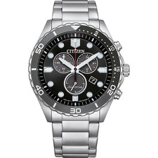 Citizen Sport AT2568-82E Stainless Steel Eco-Drive Chronograph Watch, Black Face