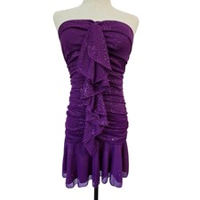 Vtg USA Sequin Hearts Purple Strapless Dress Sheer Ruching Winter Formal  EUC M