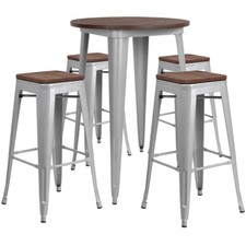 30" Silver Metal Bar Height Restaurant Table Set Walnut Wood Top and 4 Barstool