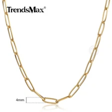 4MM 20" Gold Plated Stainless Steel Paperclip Chain Link Necklace for Men Unisex