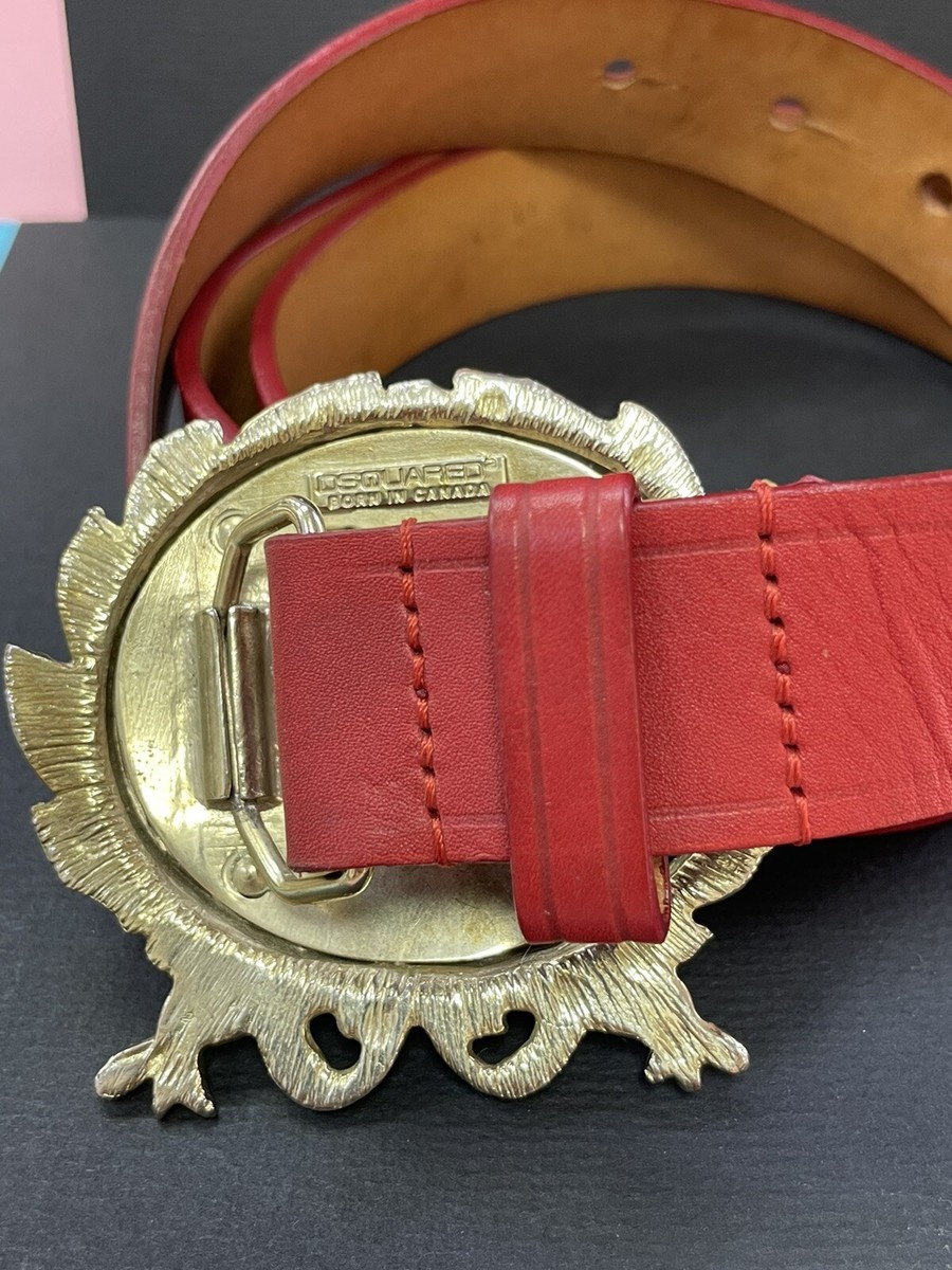 Dsquared Red Patent Leather Belt Oversized Gold Canada Tennis Logo