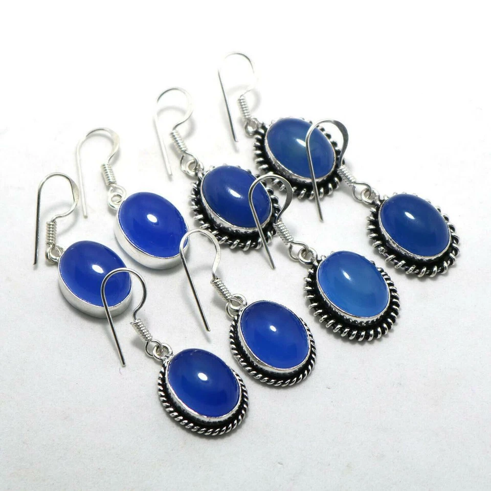 Lote de pendientes de gancho enchapados en plata de ley 925 con piedras preciosas de calcedonia azul para amor Foto 2 de 3