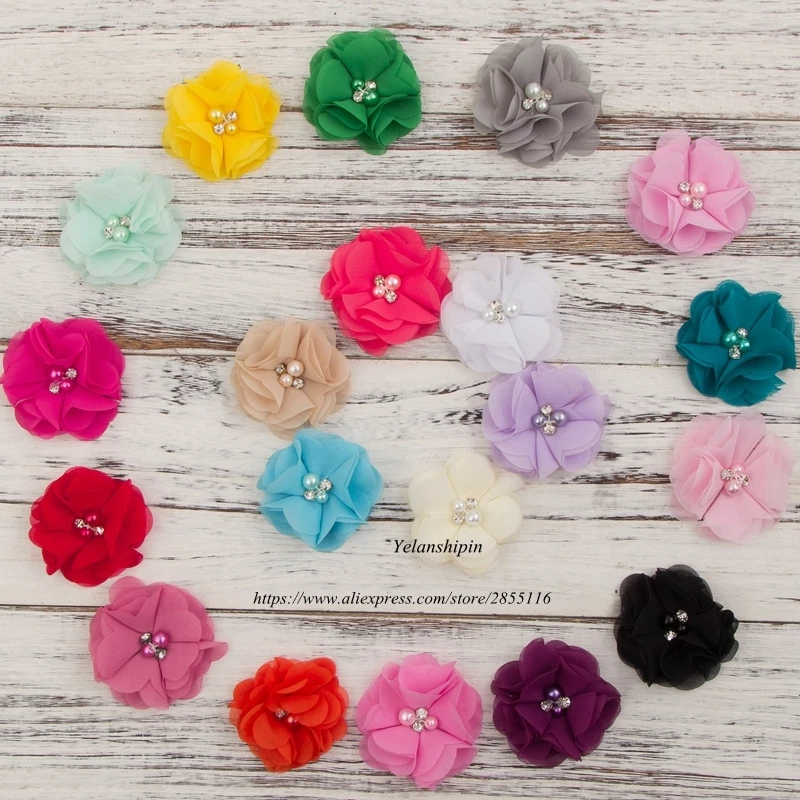 120PCS Mini Chiffon Fabric Flowers Pearl Rhinestone For Hair Clips Accessory DIY - Image 4 of 4