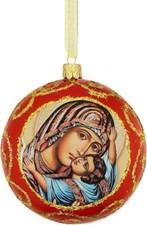 Red and Gold Toned Virgin Mary and Christ Plastic Christmas Tree Ornament 4.5 In