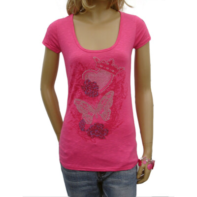 Damen Hearts and Butterfly Strass Diamonte Druck T-Shirt Top Bluse