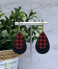 Women Vegan Faux Leather Black Red Buffalo Petite Plaid Earring Flannel Check