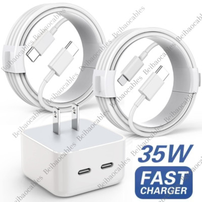 Dual USB-C Fast Charger PD 35W Power Block Type C Cable For iPhone iPad Samsung