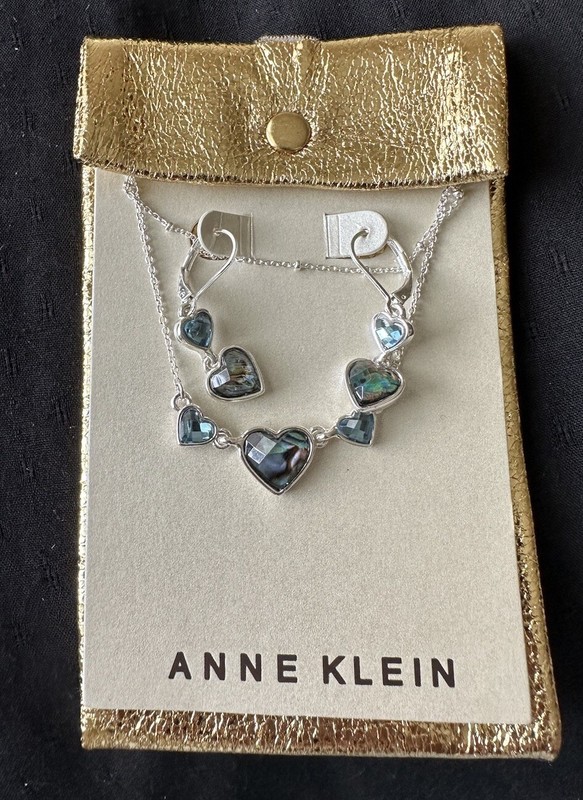 Anne Klein Silver Tone Heart Necklace Earrings Set With Pouch