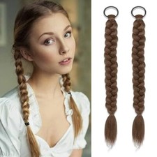2Pcs Braided Ponytail Extensions with Hair Ties Soft Synthetic Hair Light brown