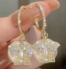 Crystal Bow and Pearl Earrings in Gift Box Dangle Drop Women Jewelry White Red