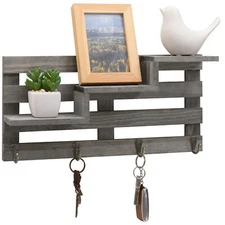 Vintage Gray Wood Wall-Mounted 3-Tiered Stair Display Shelf with 4 Key Hooks
