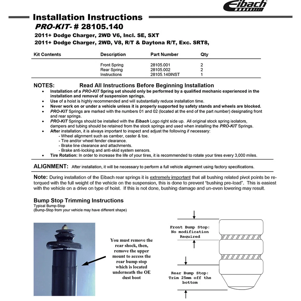 Комплект передних и задних понижающих пружин Eibach 28105.140 PRO-KIT для зарядного устройства 2011-23 годов выпуска - Изображение 2 из 4