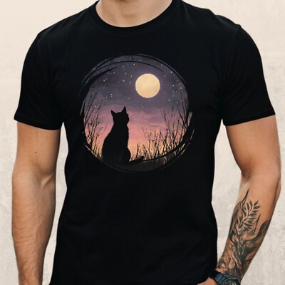 Mens Cat Staring At The Moon Motif Cotton T-Shirt Size XS to 5XL