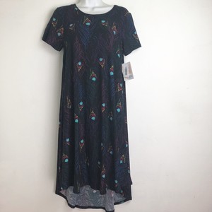 LuLaRoe-XS-Carly-Dress-Black-Purple-Blue-Green-Peacock-Feathers