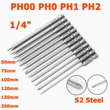 1/4" Magnetic S2 Steel Cross Slot Bits PH00 PH0 PH1 PH2 Length 50mm to 200mm