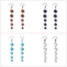 6-8-10mm Natural Multicolor Gemstone Round Beads Dangle Silver Hook Long Earring