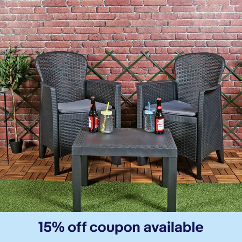 3pc Outdoor Garden Furniture Cushioned Black Rattan Table Chair Conversation Set