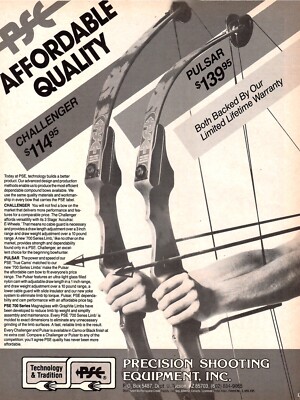 VINTAGE 1985 PSE PULSAR CHALLENGER COMPOUND BOW HUNTING ARCHERY PRINT AD