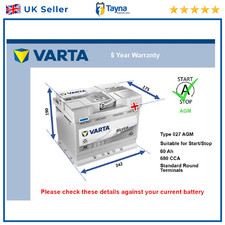 AGM Car Battery A8 Varta 027 AGM 680A 60Ah 5Yr Warranty 242x175x190 Start Stop