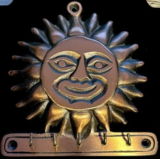 Cast Metal Sun Face 5 Hook Key Towel Jewelry Rack Celestial Wall Mount 5x6