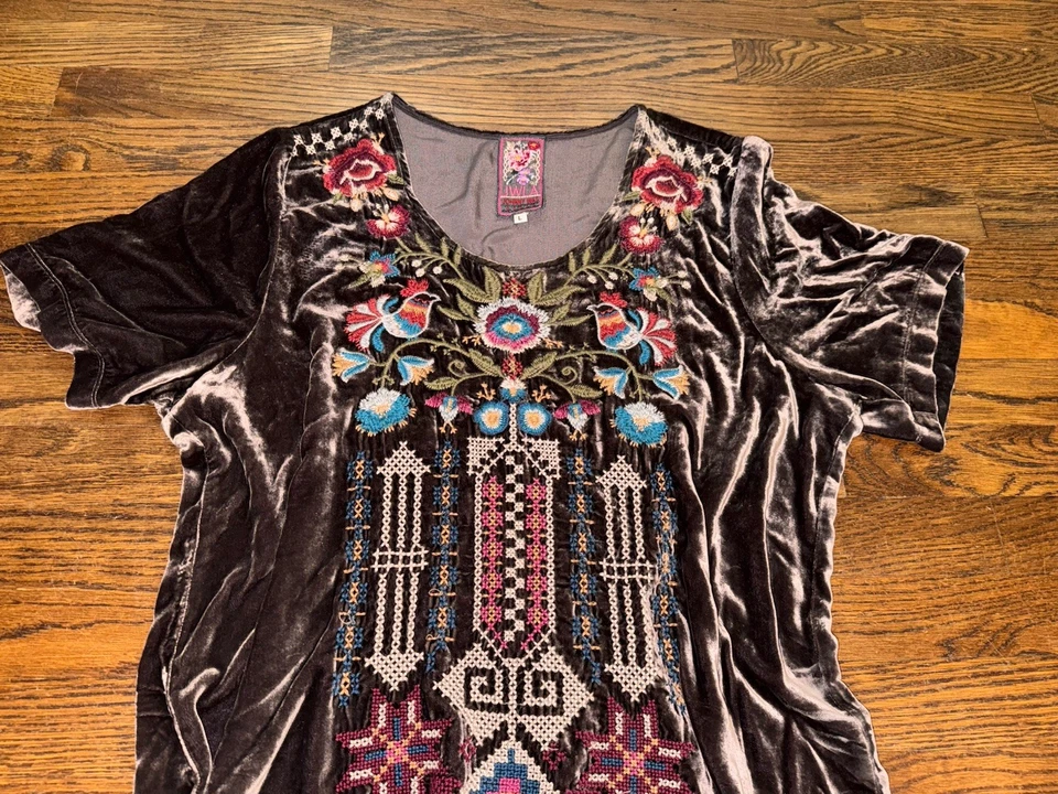 JOHNNY WAS JWLA DANI VELVET BOHO EMBROIDERED BLOUSE TUNIC TOP Brown Womens L - Image 2 of 4