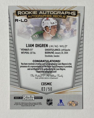2024-25 UD OPC Platinum COSMIC ROOKIE AUTOGRAPH LIAM OHGREN AUTO 3/50 - Picture 2 of 2