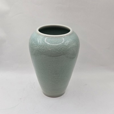 VTG Handthrown Artist Signed Celadon Teal Vase 7''H Crackle Glaze Studio Pottery 