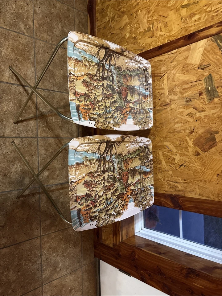 MCM Vintage Folding TV Tray Tables ca. 1970, Scenic Trays, Gold Legs Set of 2 - Image 3 of 4