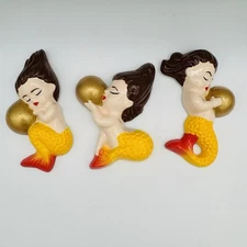 Mermaid BABIES Chalkware Kitsch Wall Plaque Kitschy Set Of 3 VTG Style