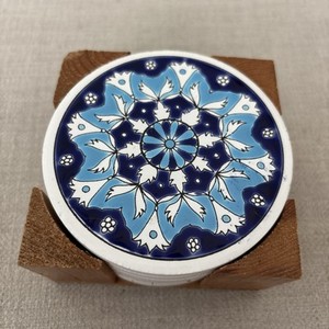 Set of 6 VNTG Handmade Decorated Greek Navy/Light Blue White Coasters W/Holder