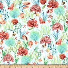 Deep Blue Sea Tossed Shells and Coral Aqua Cotton Fabric 1 yard