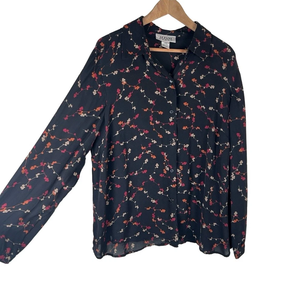 Alfani 100% Silk Shirt 18W Black Red Orange Floral Long Sleeve Elegant Eclectic - Image 4 of 4