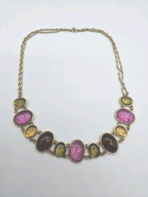 Art Deco Style Gold Plated Bib Necklace with Pink Green Yellow Glass Gems 14''