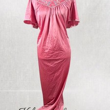 Pink Floor Length Satin Nightgown with Floral Embroidery