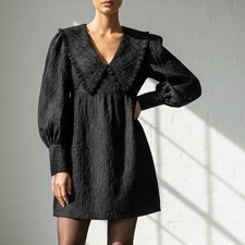 GANNI Jacquard Organza Black Mini Babydoll Dress SZ 34(2) Fairy Grunge Ethereal