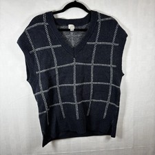 A New Day Knit Sweater Vest Plaid Checkered Windowpane Navy White Women's M