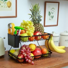 2 Tier Fruit Basket with Banana Hanger & Utensil Pocket Large standard, Black