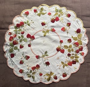 Antique Society Silk table topper hand embroidered Linen Strawberries 30” Diam