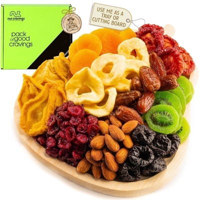Dried Fruit & Nut Gift Basket   9 Assorted Snacks in Wooden Pear-Shaped Tray