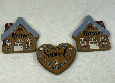 VTG Home Sweet Home Wooden Wall Decor 3 Pc Set Rustic Country Houses Heart 1980s
