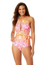 ANNE COLE Women's Tie Dye Foulard High Neck Plunge One Piece Swimsuit SIZE 6 NEW