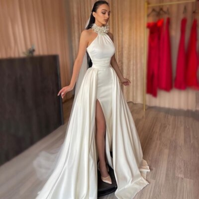 Satin Modern Mermaid Wedding Dresses Beaded O-Neck Bridal Gowns Detchable  Train | eBay