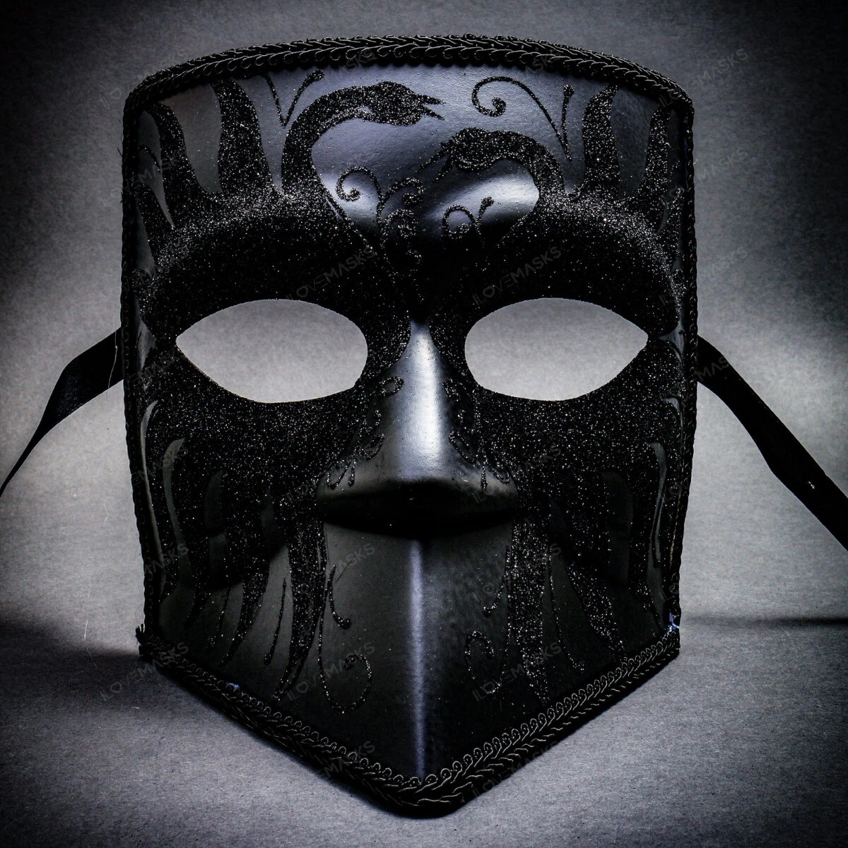 Full Face Bauta Mardi Gras Luxury Venetian Party Mask Masquerade For Men - Black