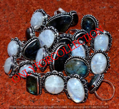 Moonstone & Labradorite Gemstone 925 Sterling Silver Plated Wholesale Lot Rings