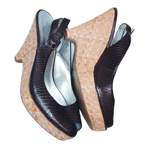 Banana Republic Peep Toe Brown Croc Slingback Wedge Sandals Size 8.5 - Picture 3 of 10