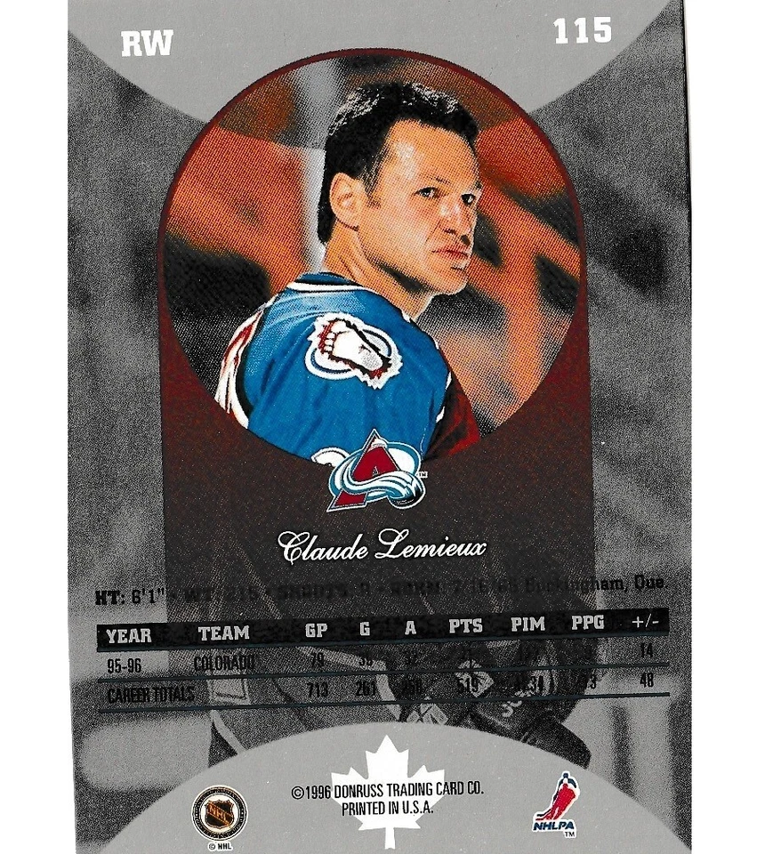 hockey card CLAUDE LEMIEUX 1995-96 COLORADO AVALANCHE Donruss #115 sport - Image 2 of 2